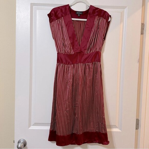 Bebe Burgundy and White Silk Midi V-Neck Polkadot Dress - Picture 1 of 9